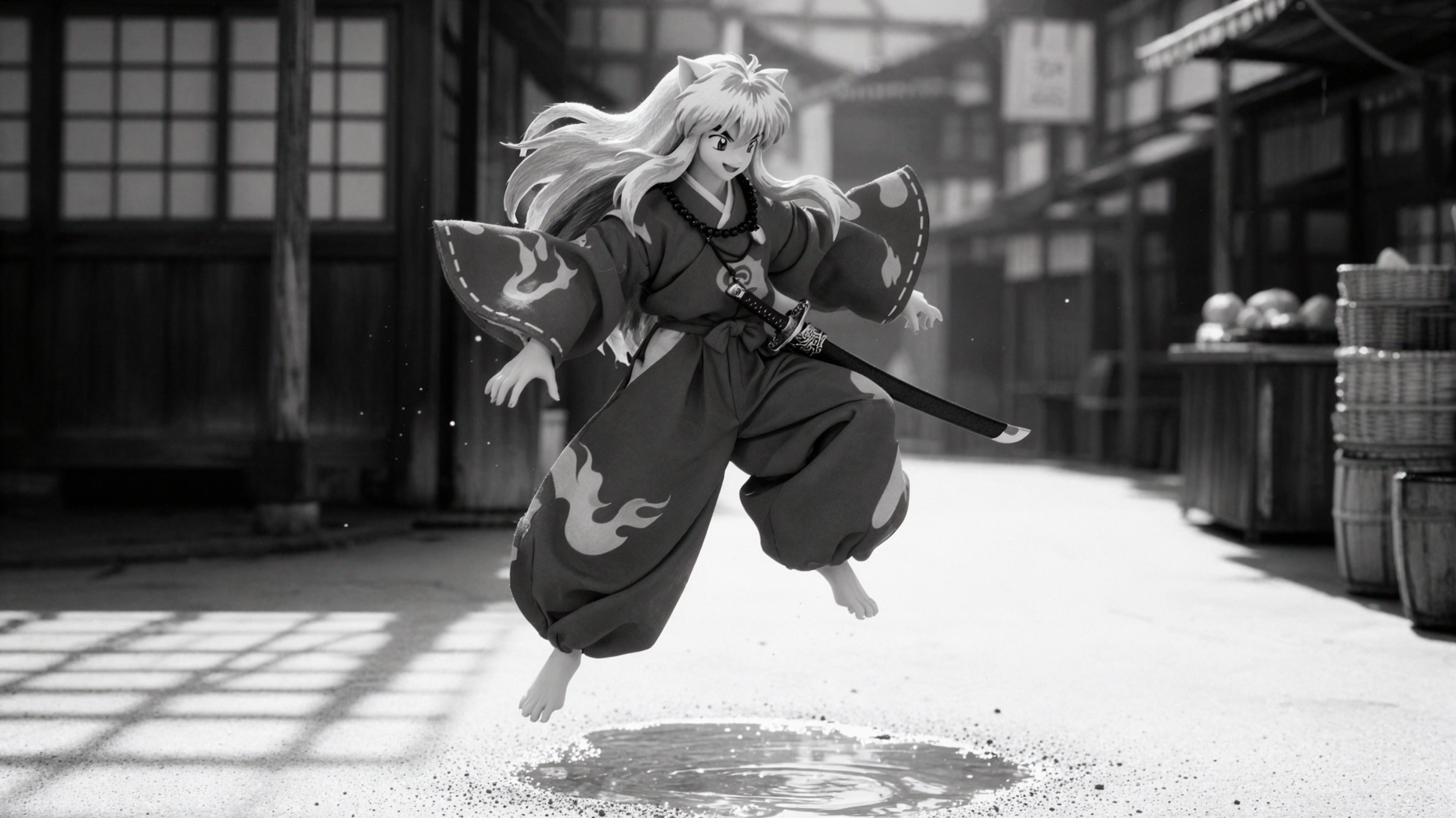 Inuyasha · Sautant par-dessus une flaque · Noir et blanc argentique — AI image creation