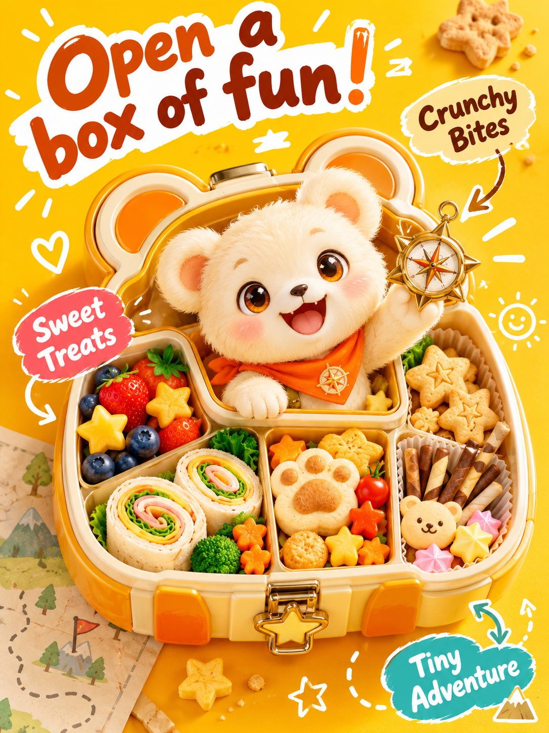 Original Little Bear Explorer Bento Kids Snack Ad — AI image creation