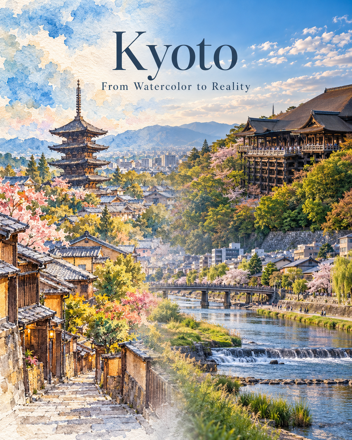 水彩渐变为现实的城市海报 — AI image creation