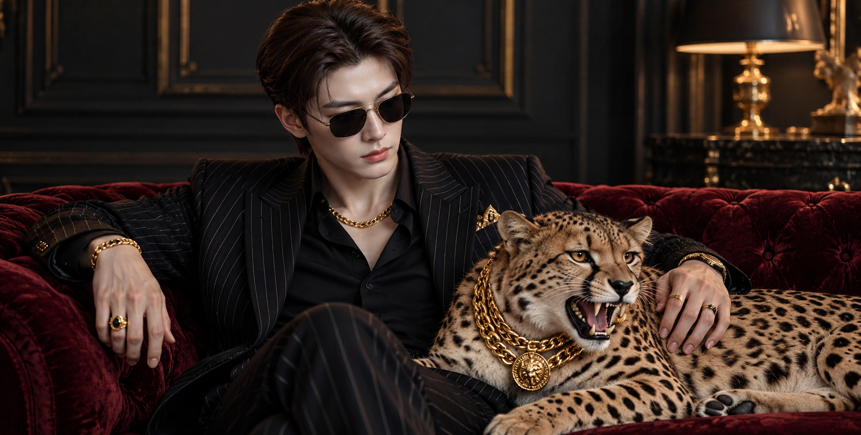 奢华黑帮大佬怀抱金链猎豹的霸气写真 — AI image creation