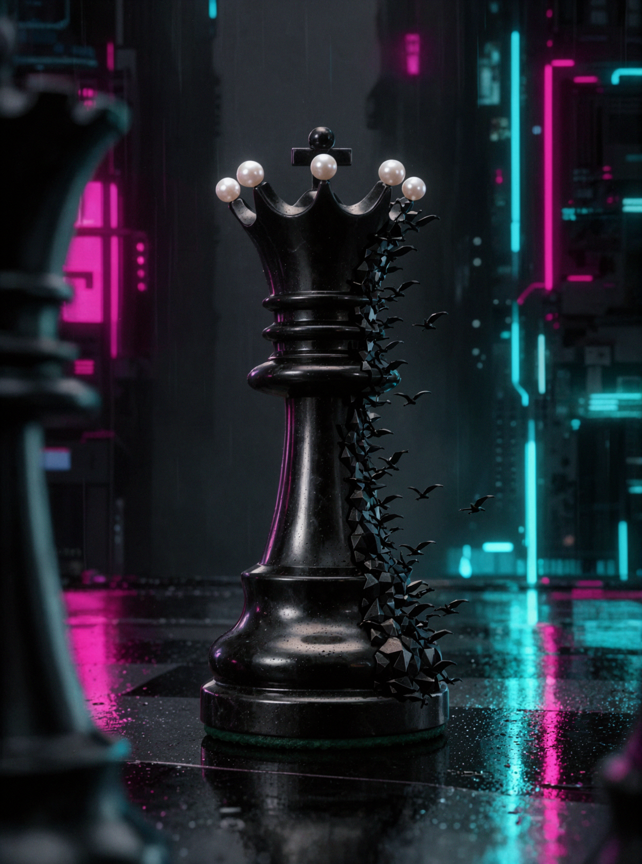 Obsidian Chess Queen · Cyber Nightscape — AI image creation