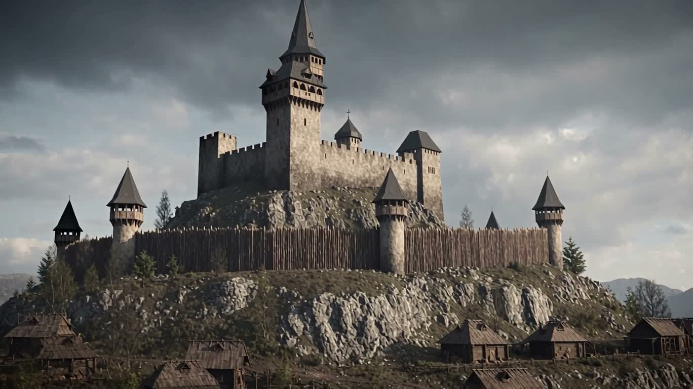Wooden Fortress Mountain Town Under Dark Clouds