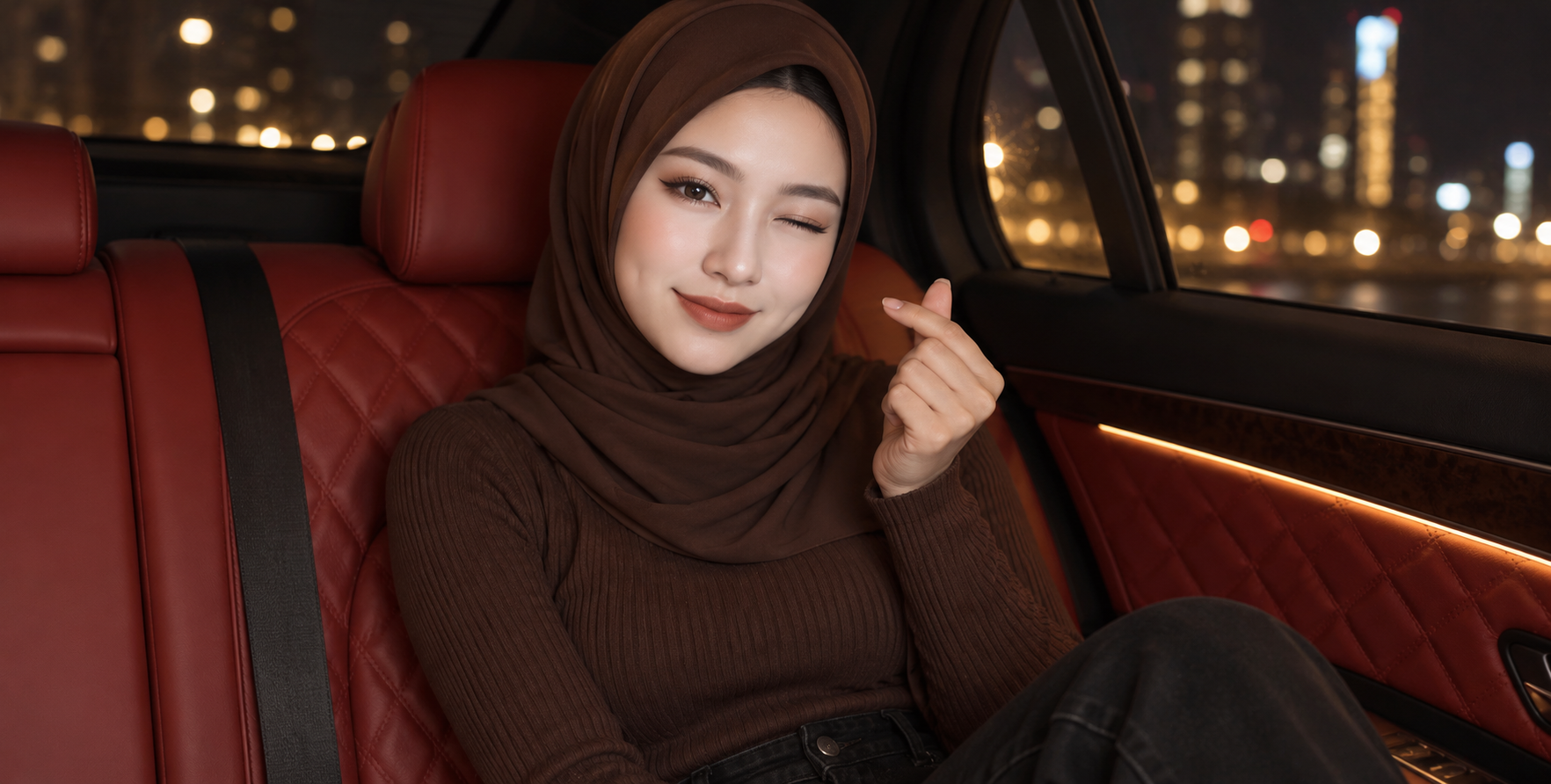 深棕头巾女性在夜间豪车中比心眨眼