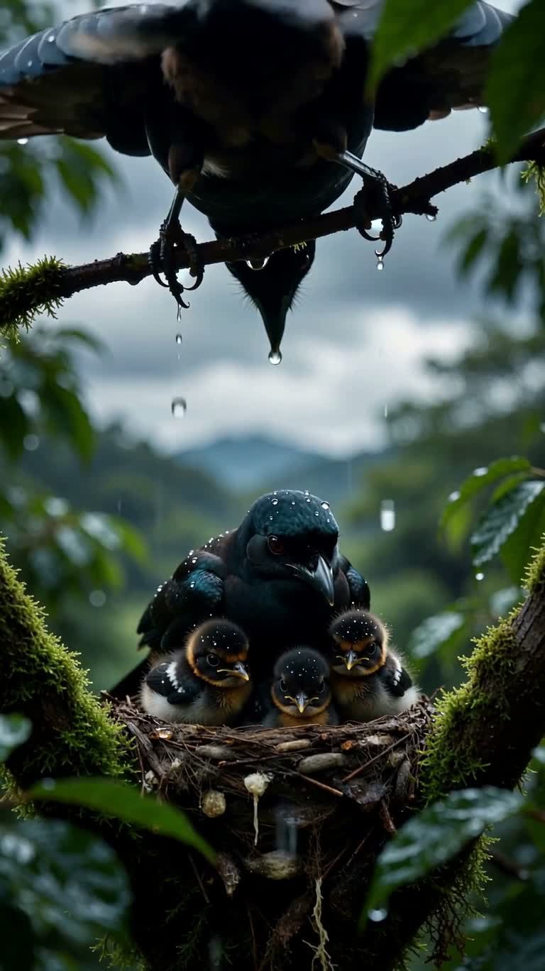 Bulbul noir gardant son nid sous la pluie — AI video creation