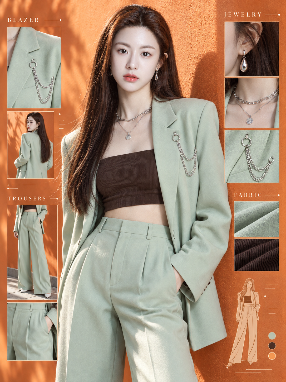 明橙色背景前的薄荷绿西装时尚蓝图 — AI image creation