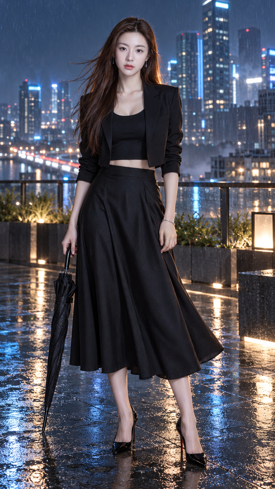 雨后霓虹天台上的成年女性全身时尚肖像 — AI image creation