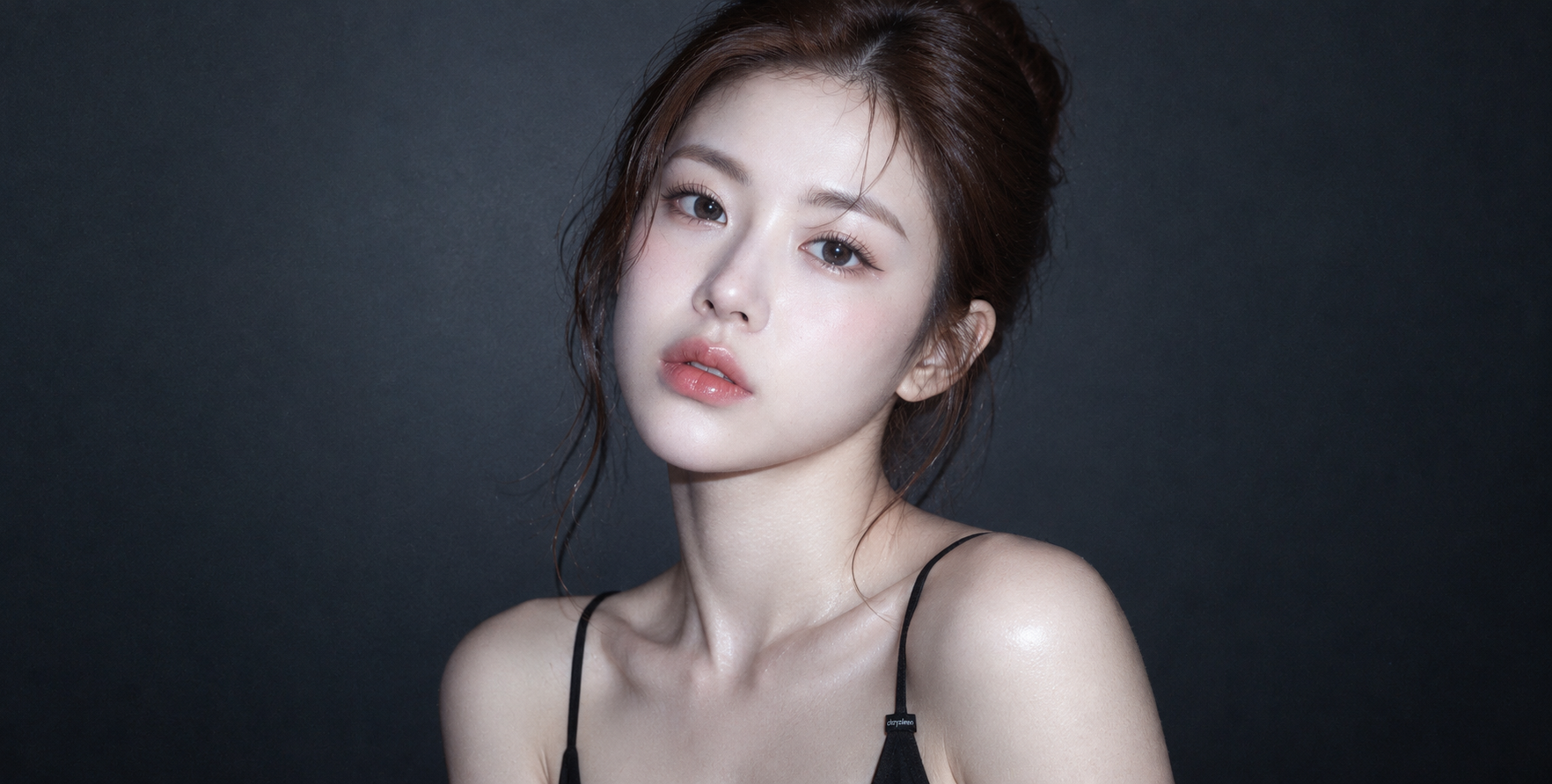 레트로 CCD 플래시 아래 물광 메이크업 클로즈업