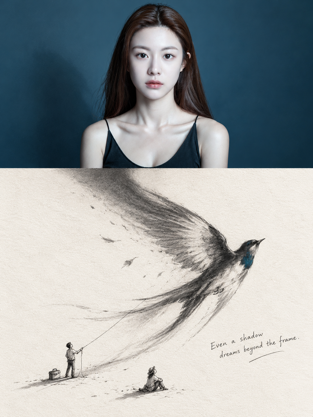 影子越过中线的铅笔炭笔微型超现实海报 — AI image creation