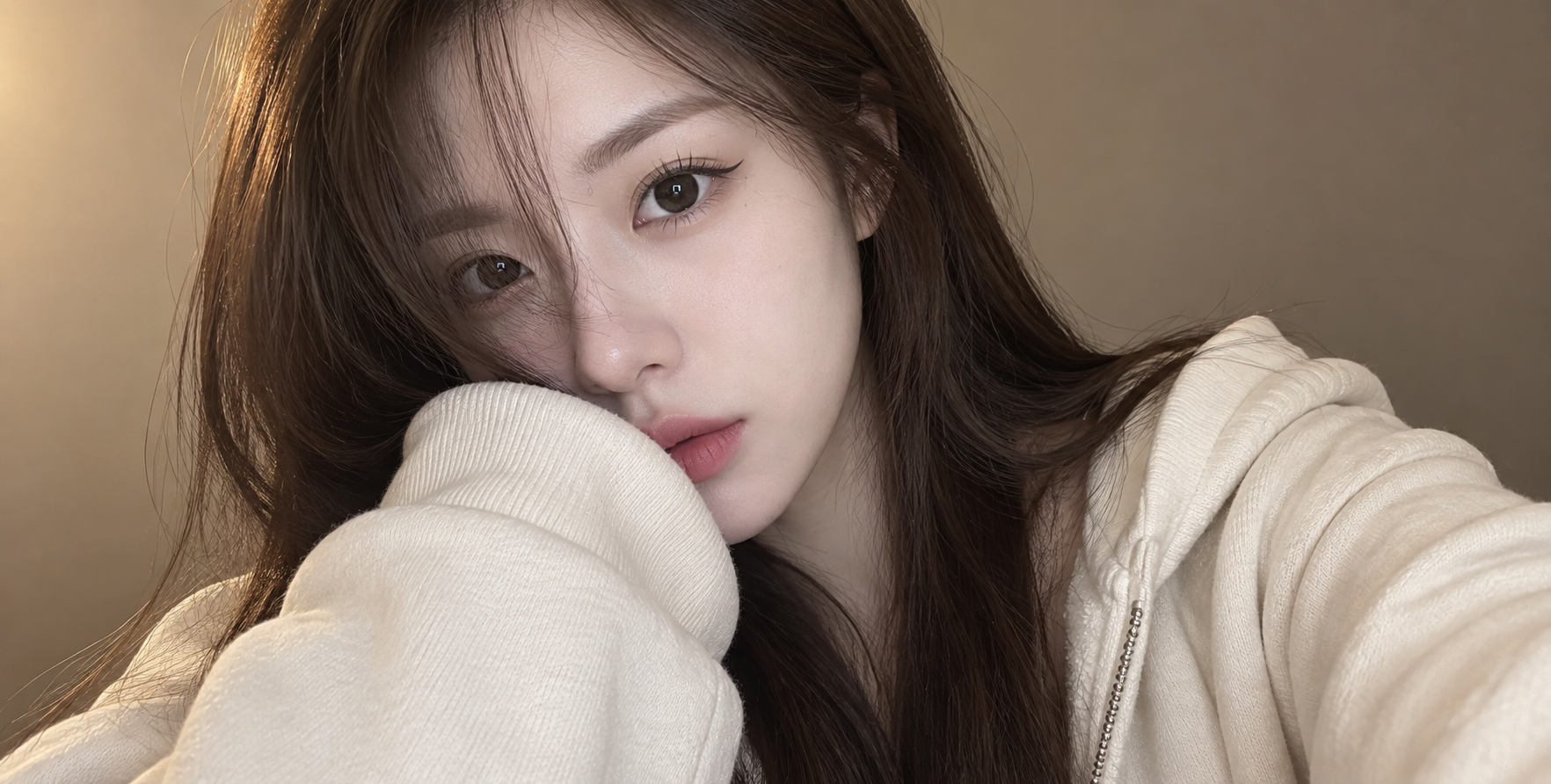 Cozy ivory-sleeve close-up webcam selfie — AI image creation