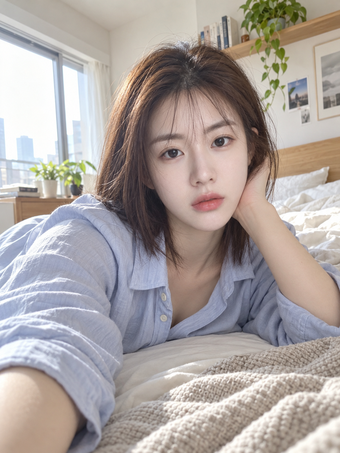 휴일 오후 침실에서의 일상적인 휴대폰 셀카