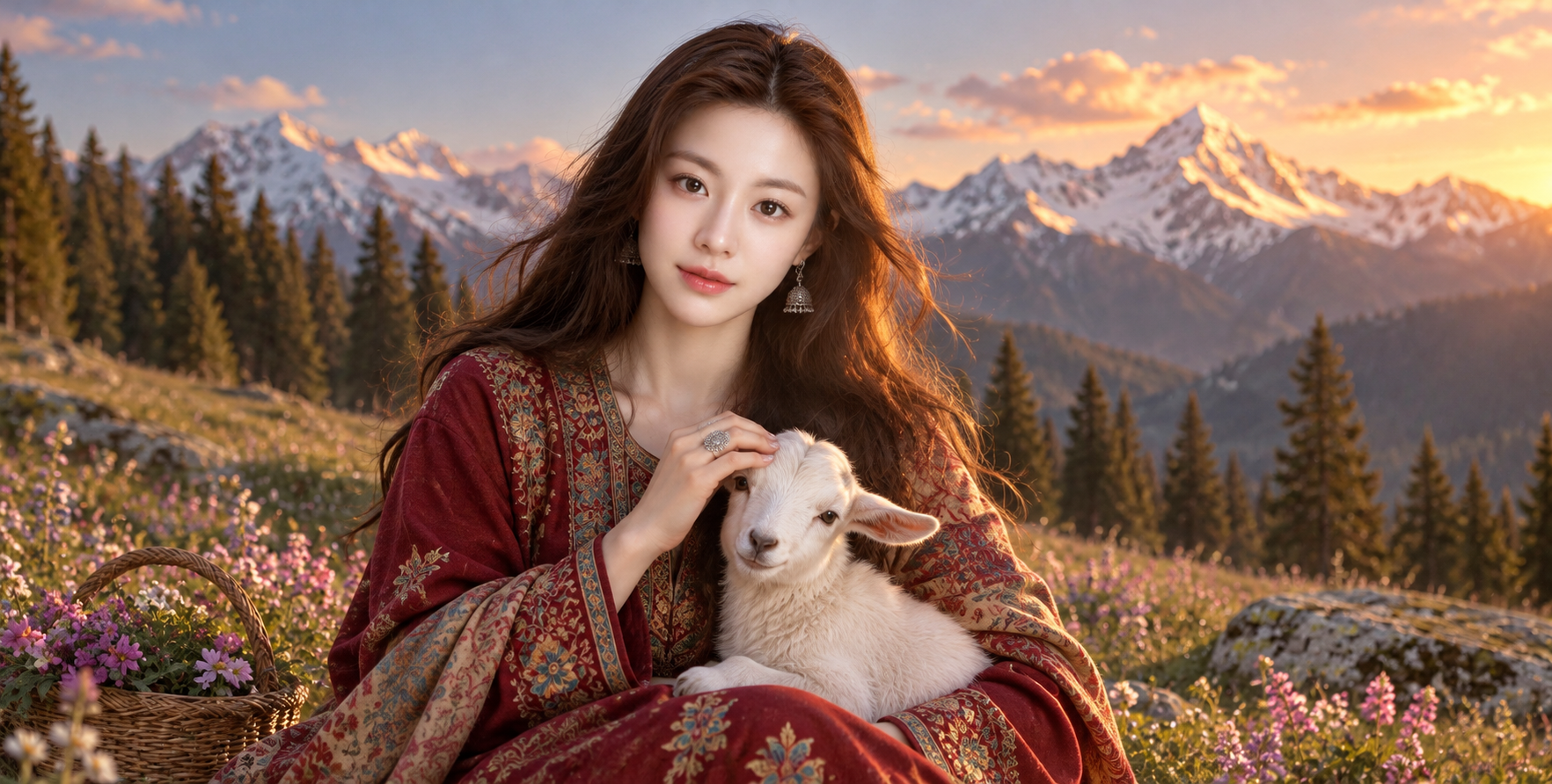 喜马拉雅夕照下的克什米尔成年女性与白山羊 — AI image creation