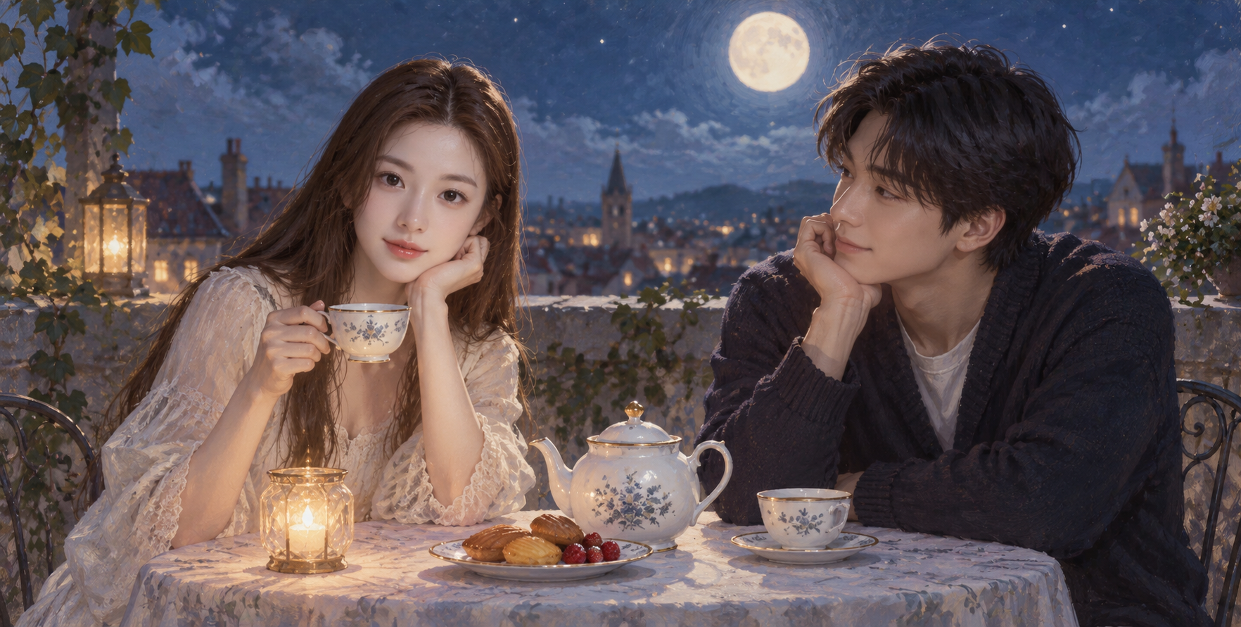 月光屋顶上的双人茶会 — AI image creation