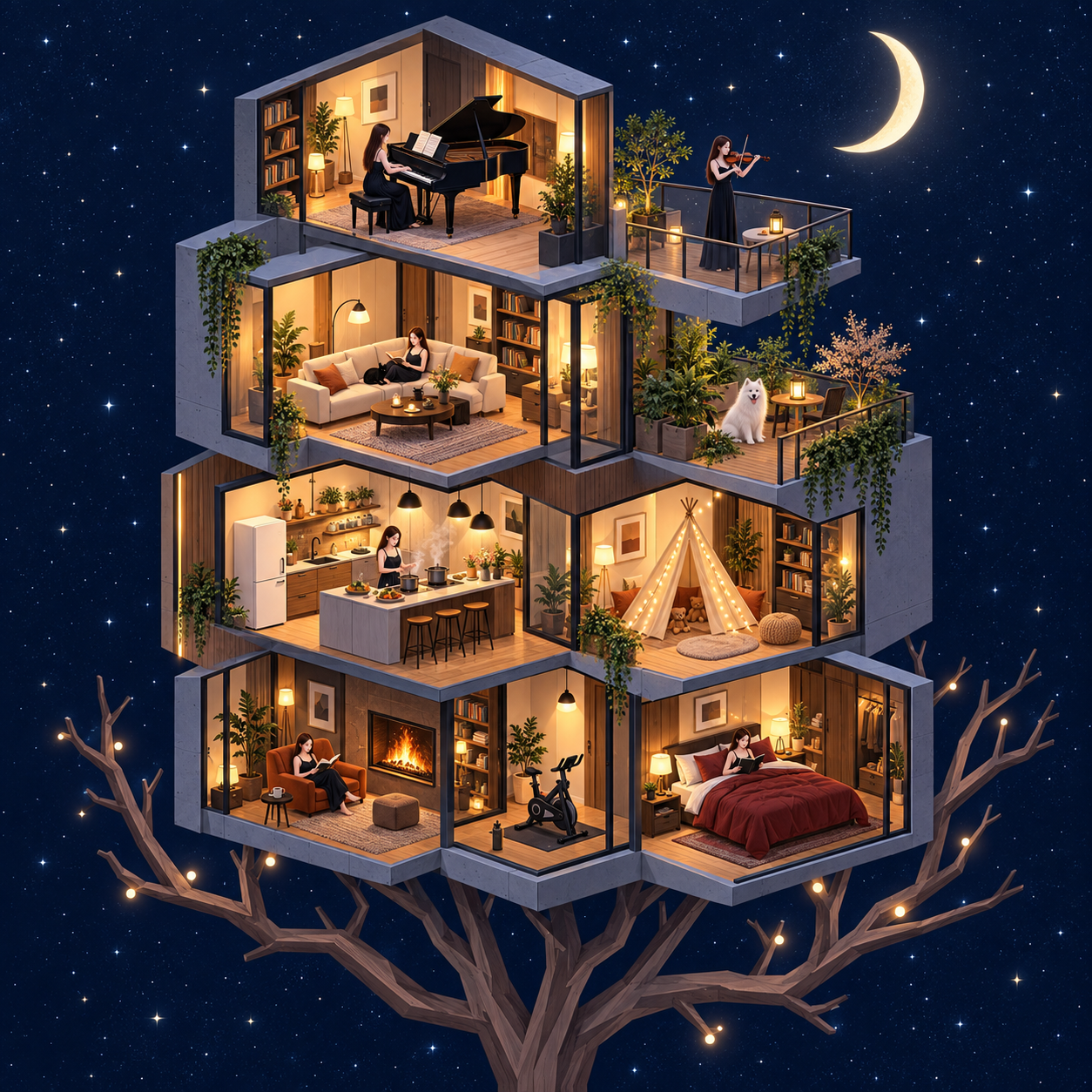 星夜垂直蜂巢公寓等距剖面 — AI image creation