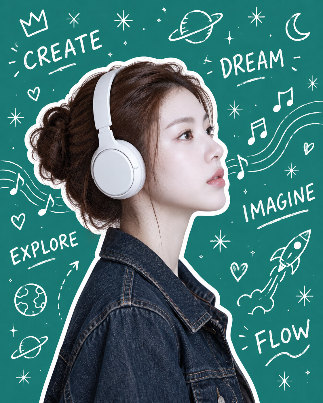 耳机侧脸贴纸与粉笔宇宙创意海报 — AI image creation