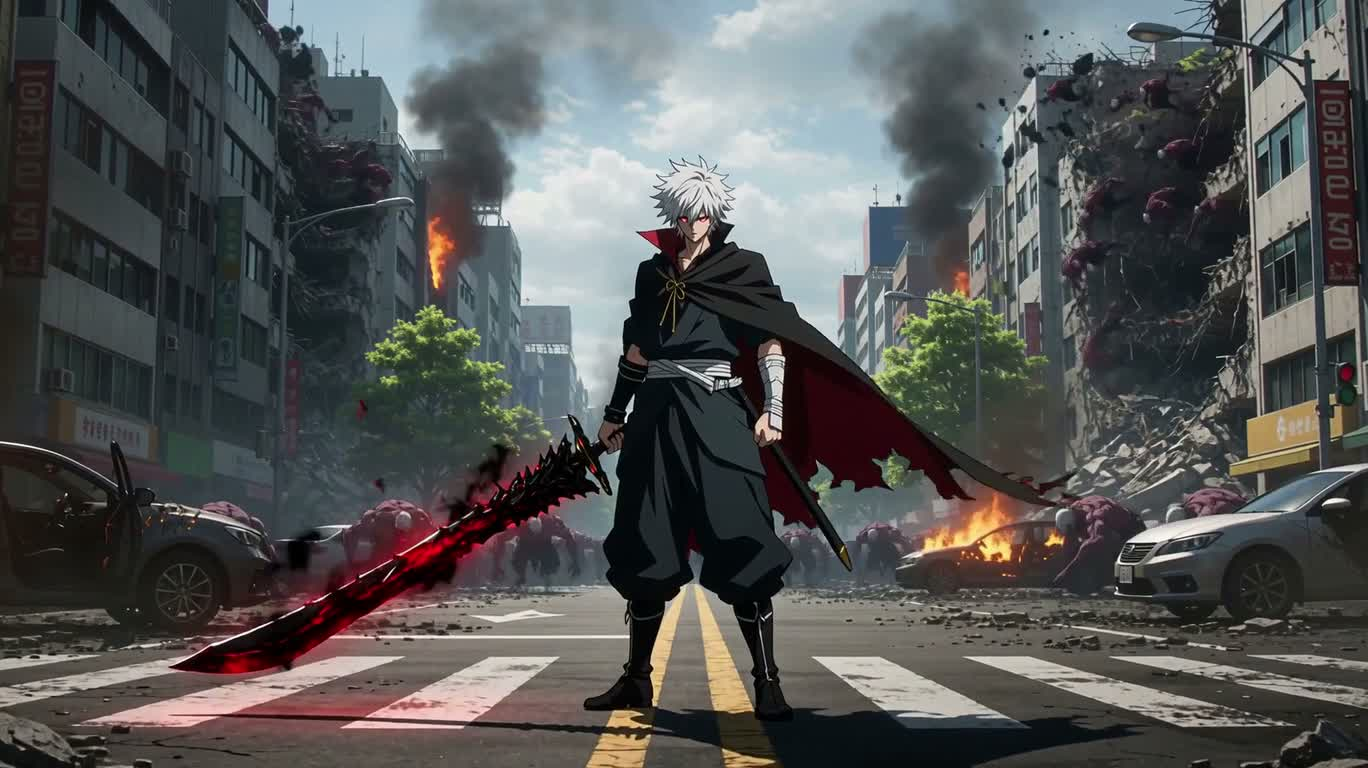 白发诅咒剑士决战废墟恶魔 — AI video creation
