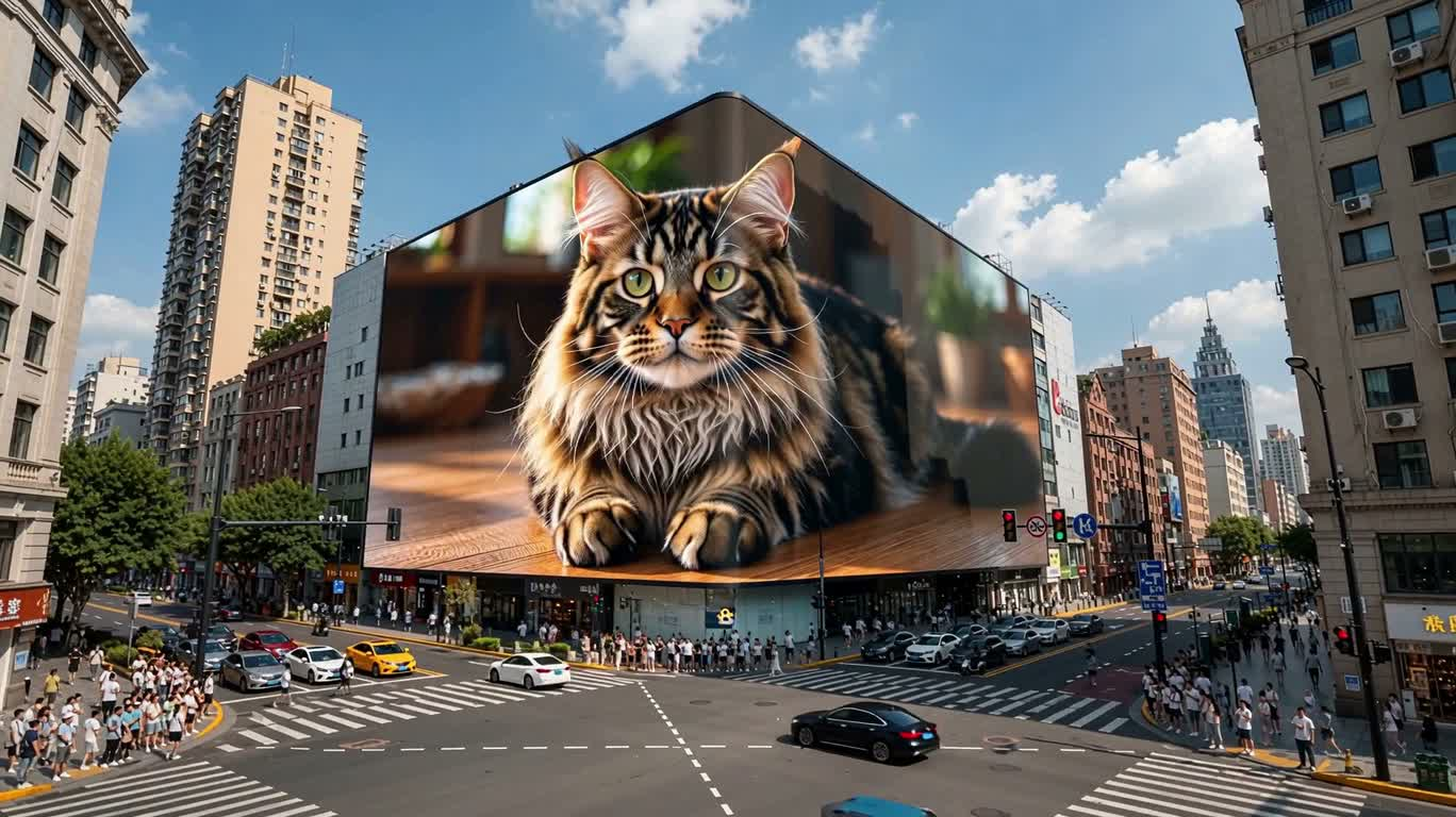 涩谷街头巨型屏幕里的顽皮猫咪 — AI video creation