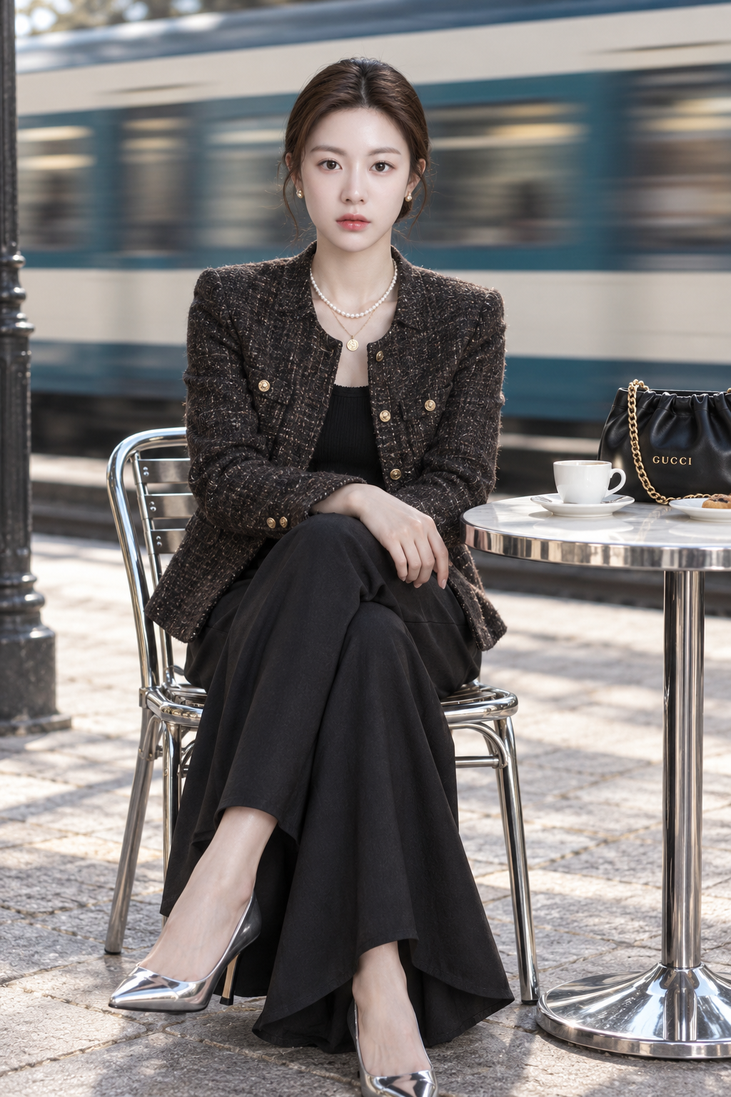 疾驰列车背景中的成年女性户外咖啡馆时尚肖像 — AI image creation