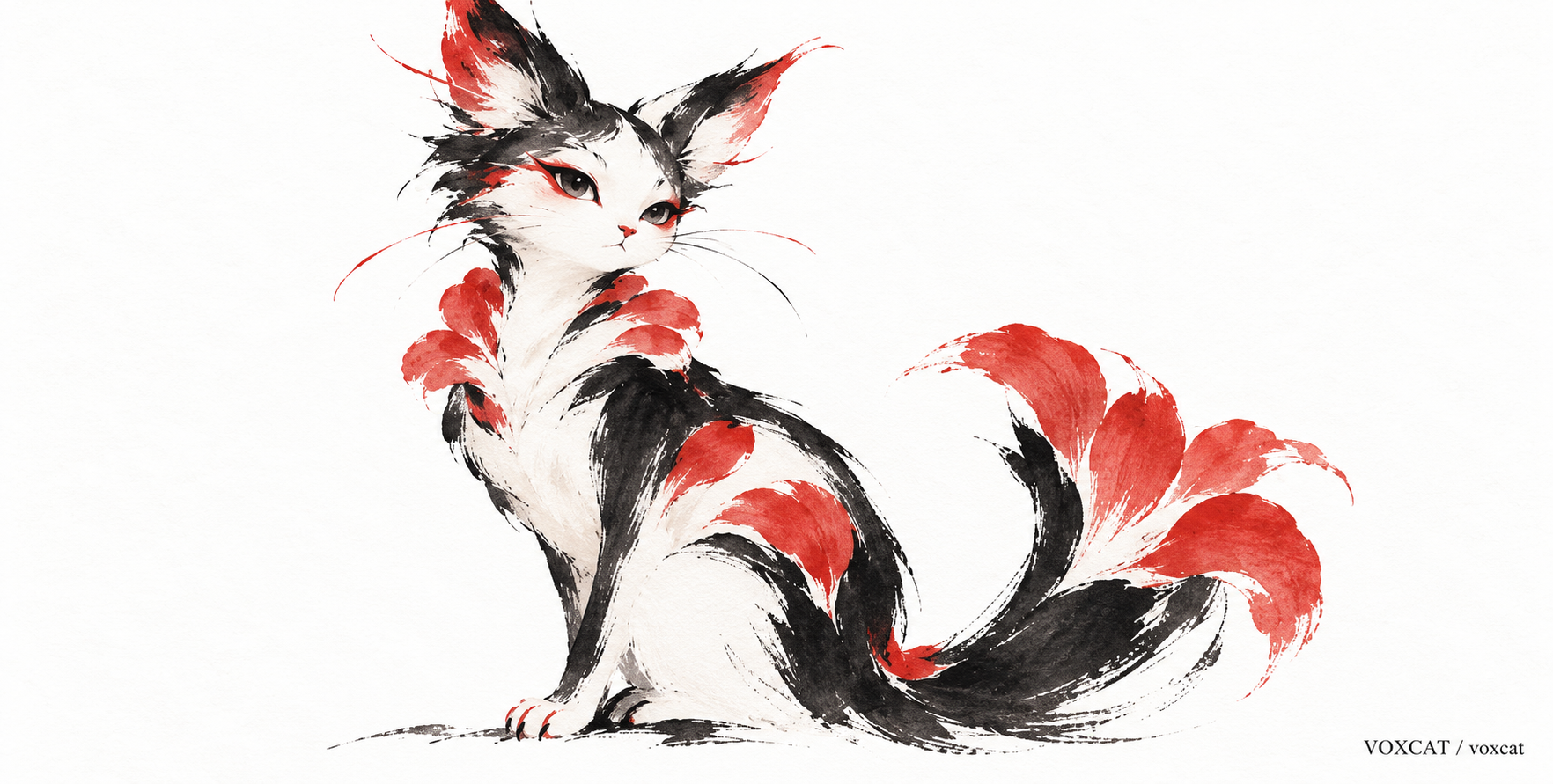 VOXCAT 동물화 미니멀 일러스트: 주홍 동백꽃과 정확한 서명 — AI image creation