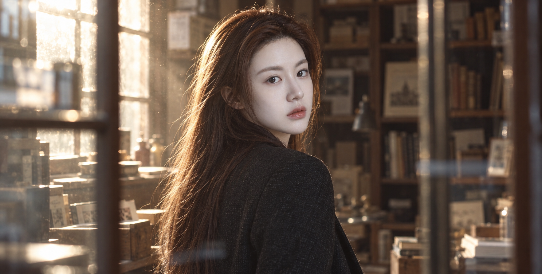 旧书店窗边逆光回眸的成年女性胶片肖像 — AI image creation