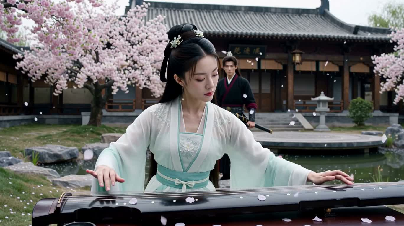 樱花庭院中的冰火对决 — AI video creation