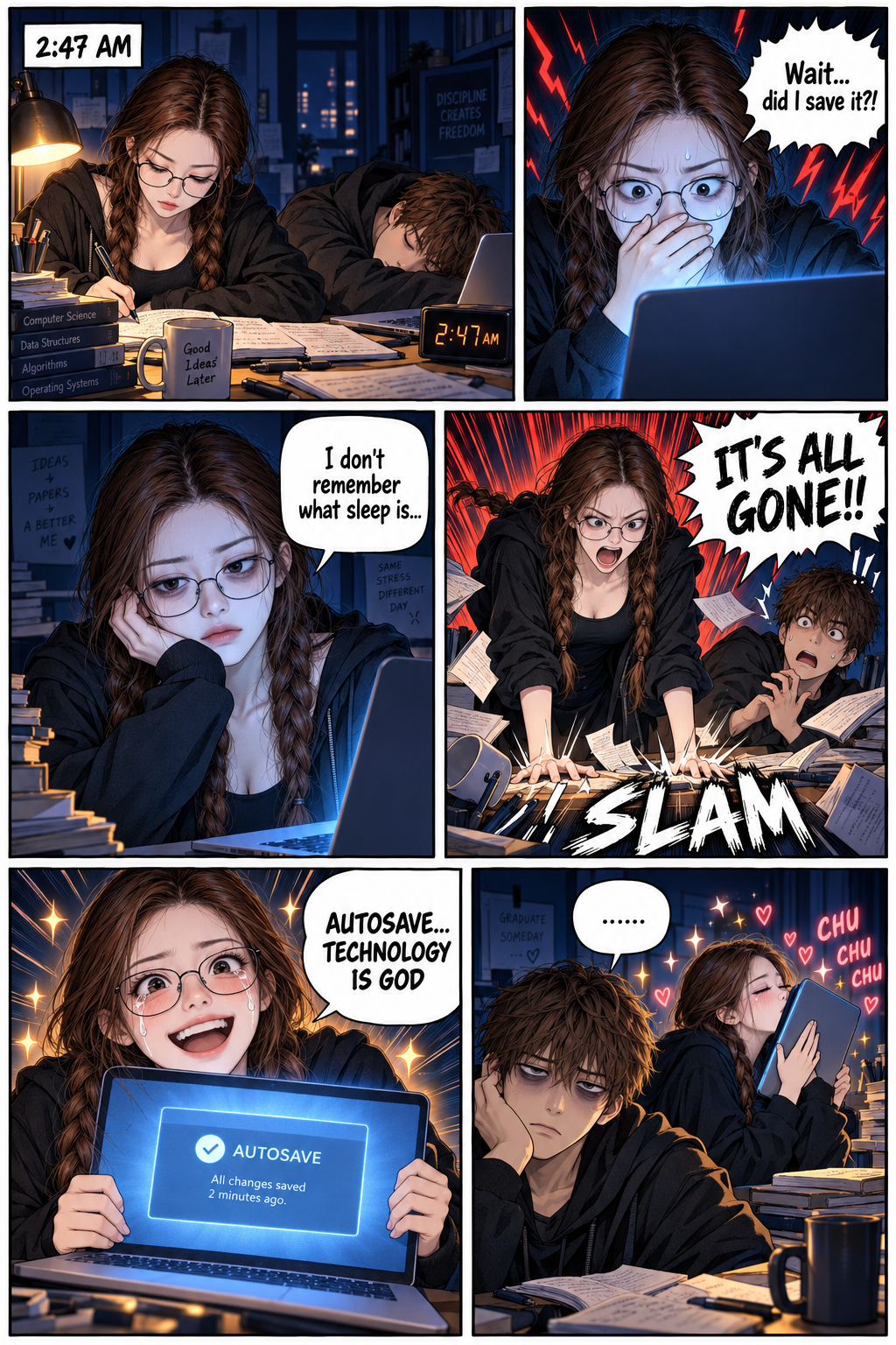 深夜赶稿崩溃与自动保存救赎六格漫画 — AI image creation
