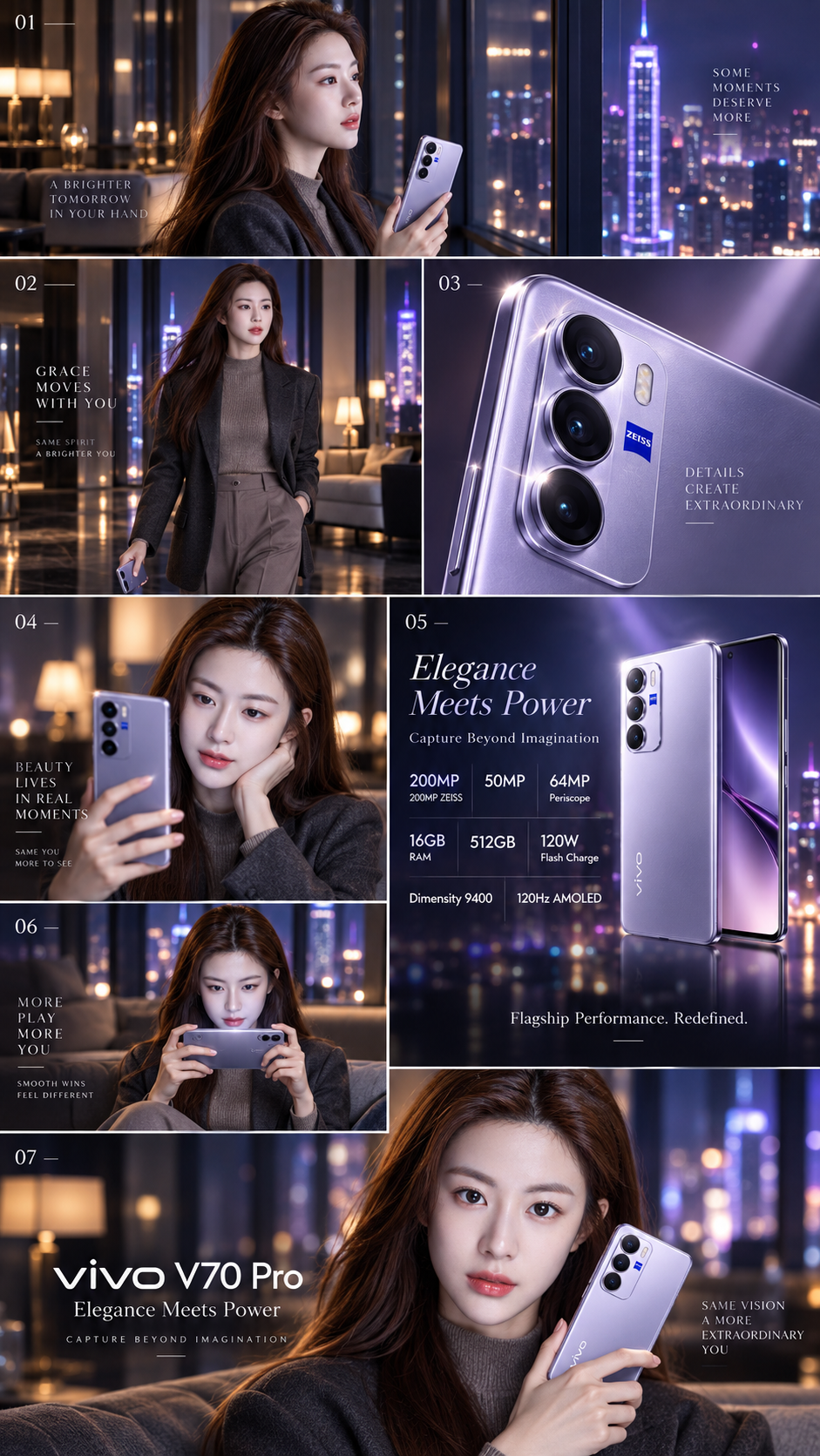 Vivo V70 Pro 银紫色七镜头广告分镜图 — AI image creation