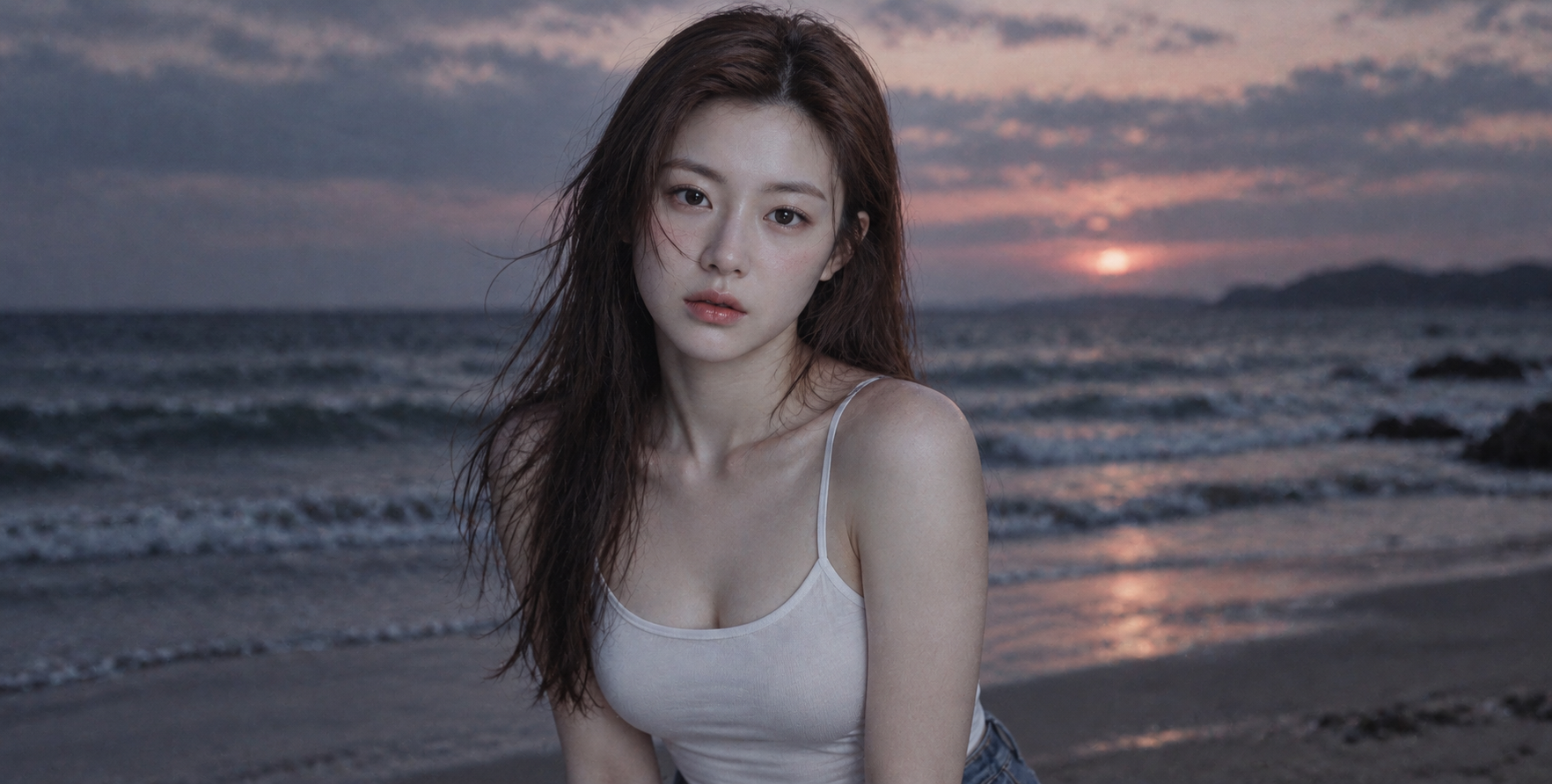 황혼의 해변에 선 성인 여성의 시네마틱 필름 초상