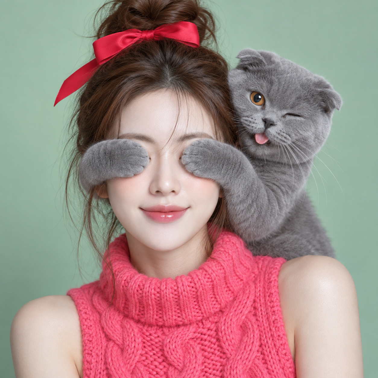萌猫捂眼猜猜看的治愈系原创肖像 — AI image creation
