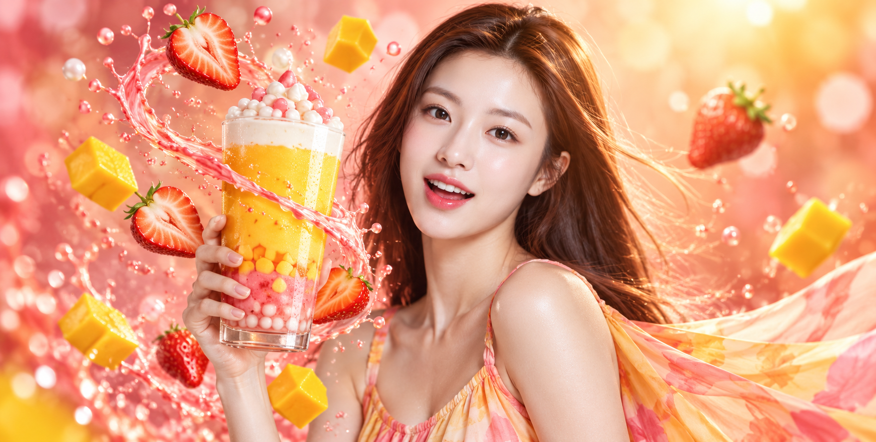 芒果草莓波霸饮品商业广告 — AI image creation