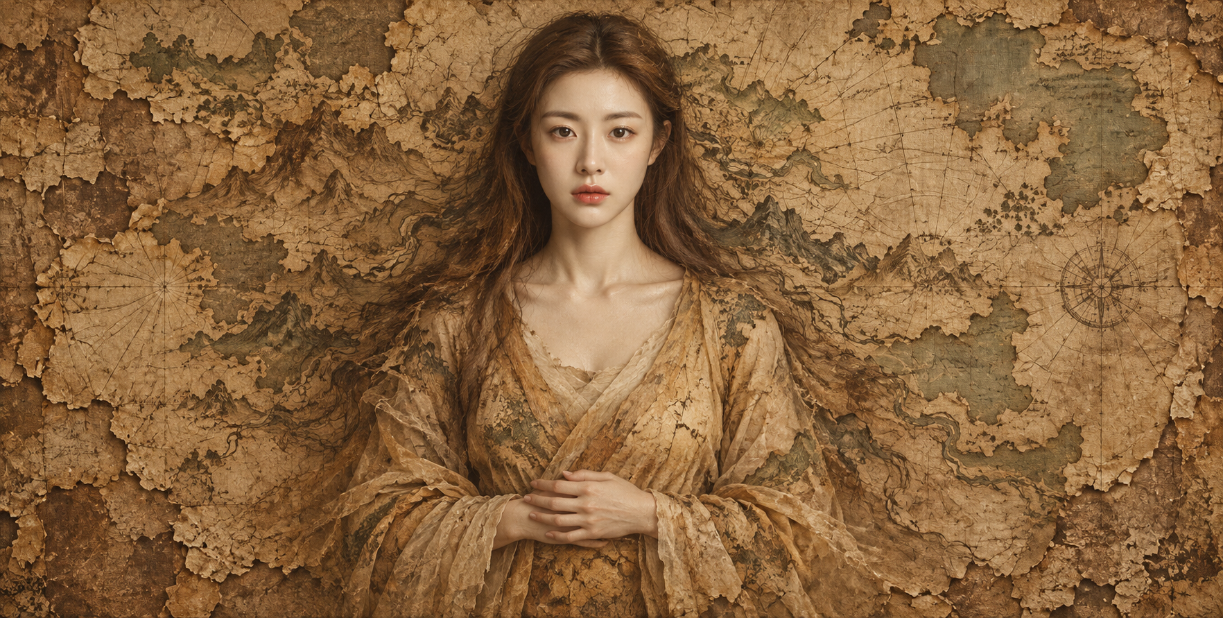 古老羊皮纸地图中浮现的成年女性超现实肖像 — AI image creation