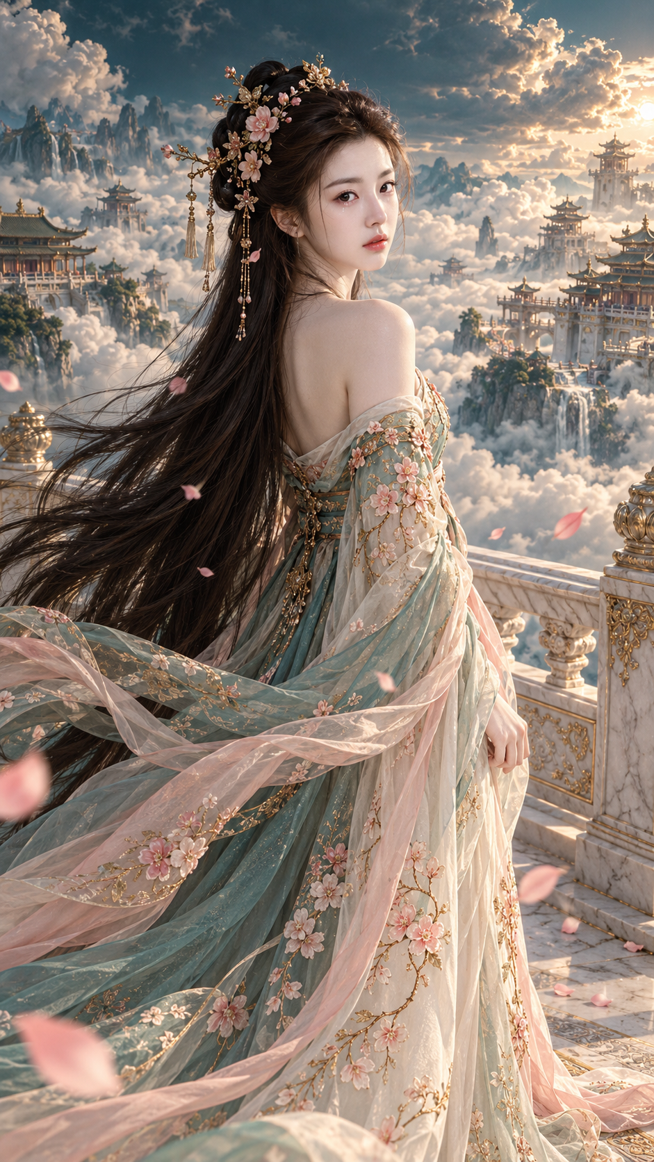 백옥 대 위의 동양적 우울: 구름바다 선녀의 애절한 뒤돌아봄 — AI image creation