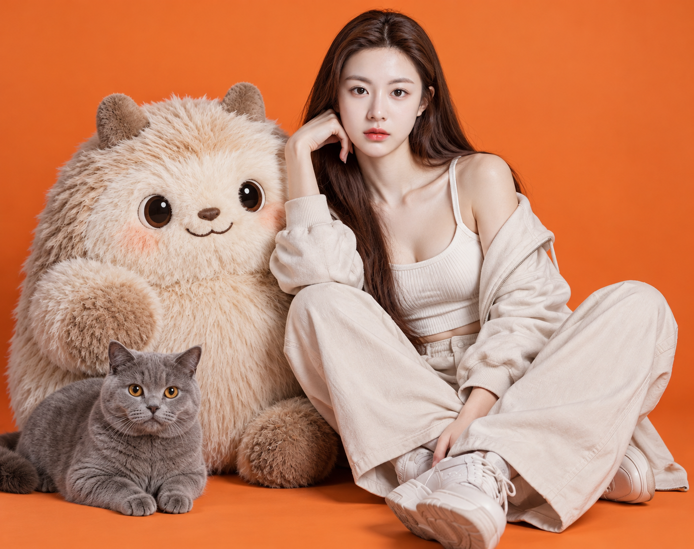 橙色影棚成年女性与毛绒潮玩及英短猫 — AI image creation