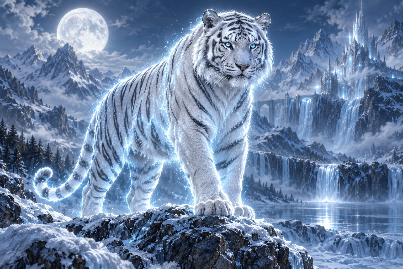 冰蓝银辉白虎神话生物 — AI image creation