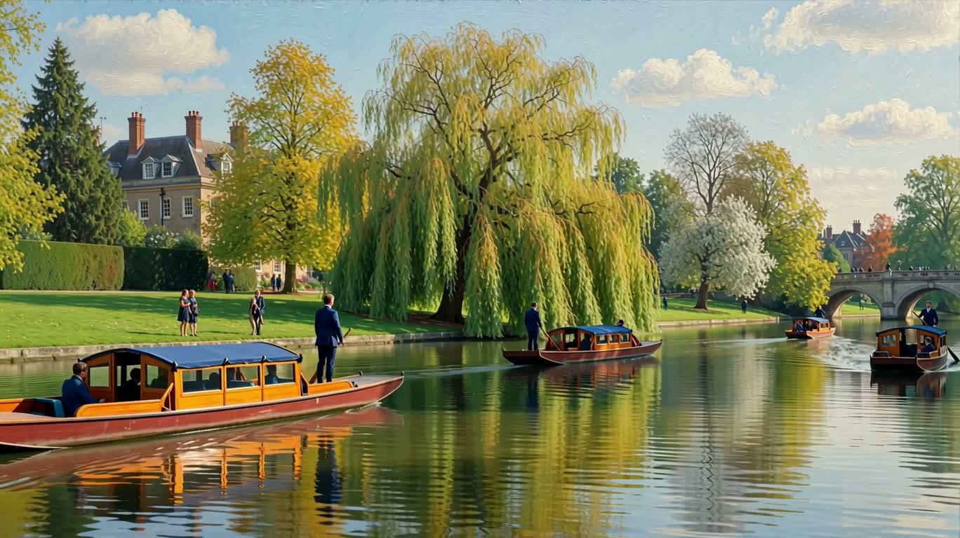 Chèo thuyền ấn tượng trên sông Cam, Cambridge