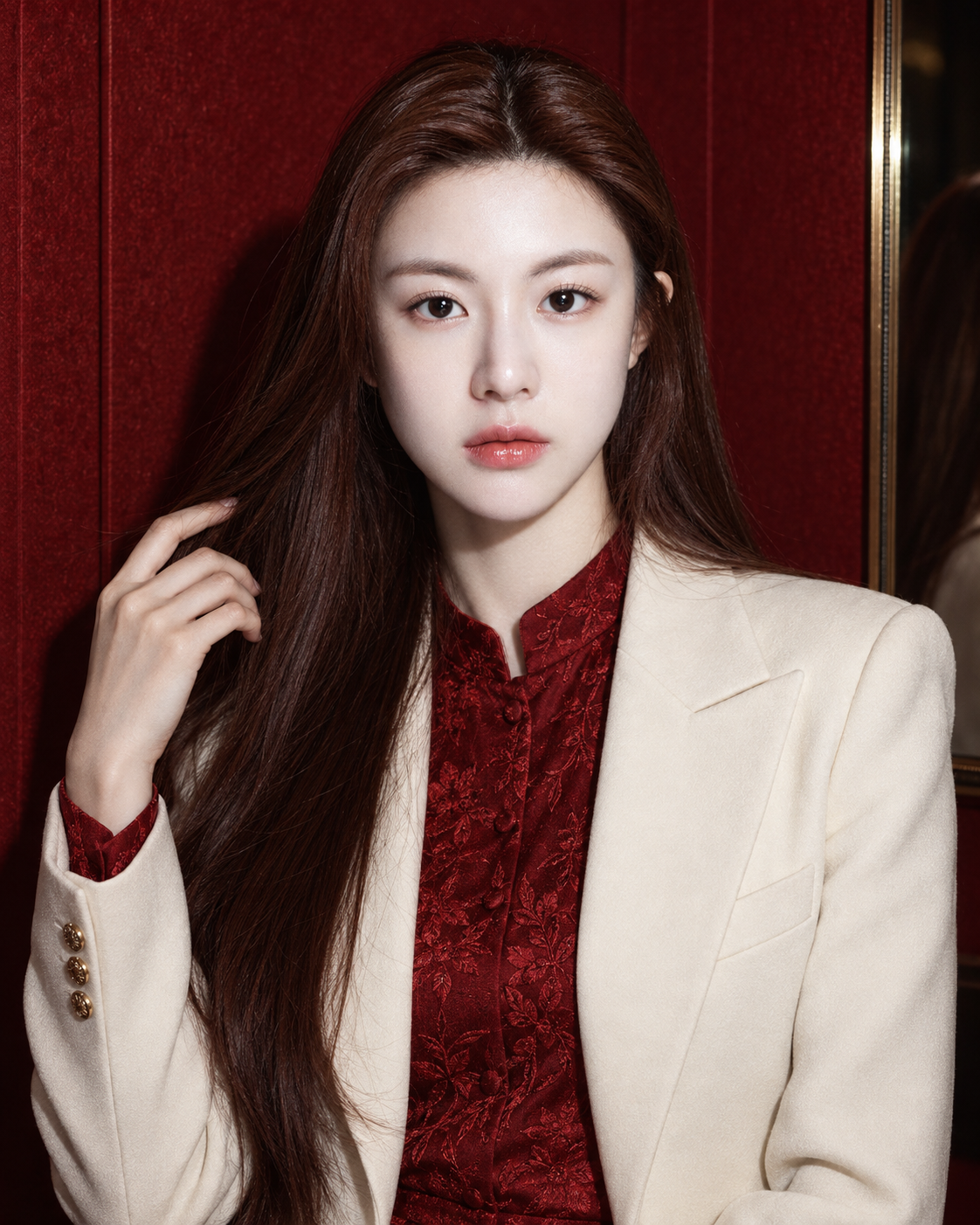 深红纹理墙前的成年女性闪光灯肖像 — AI image creation