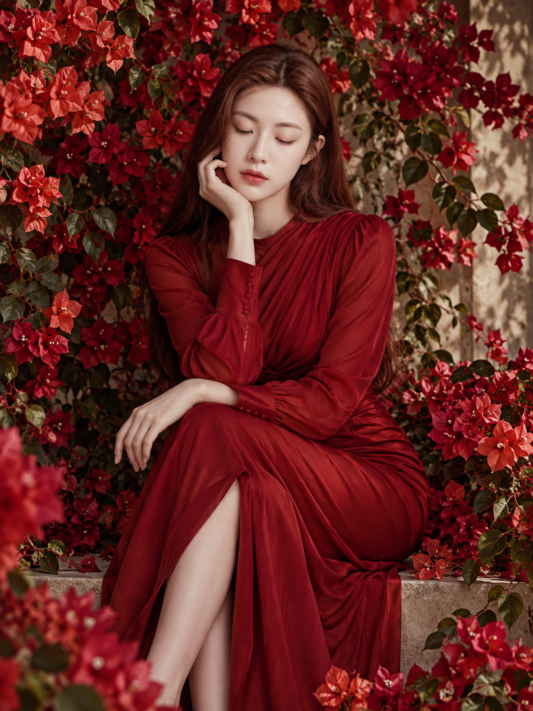 繁花背景中的绯红礼服肖像 — AI image creation