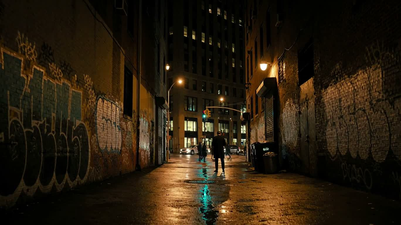 雨の夜の路地で手がかりを探す