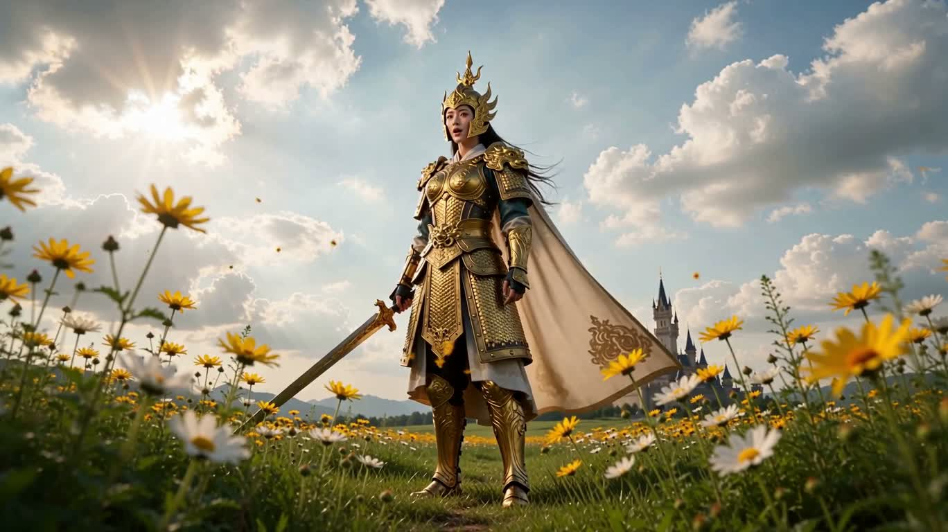 花の海に佇む静かな女戦士 — AI video creation