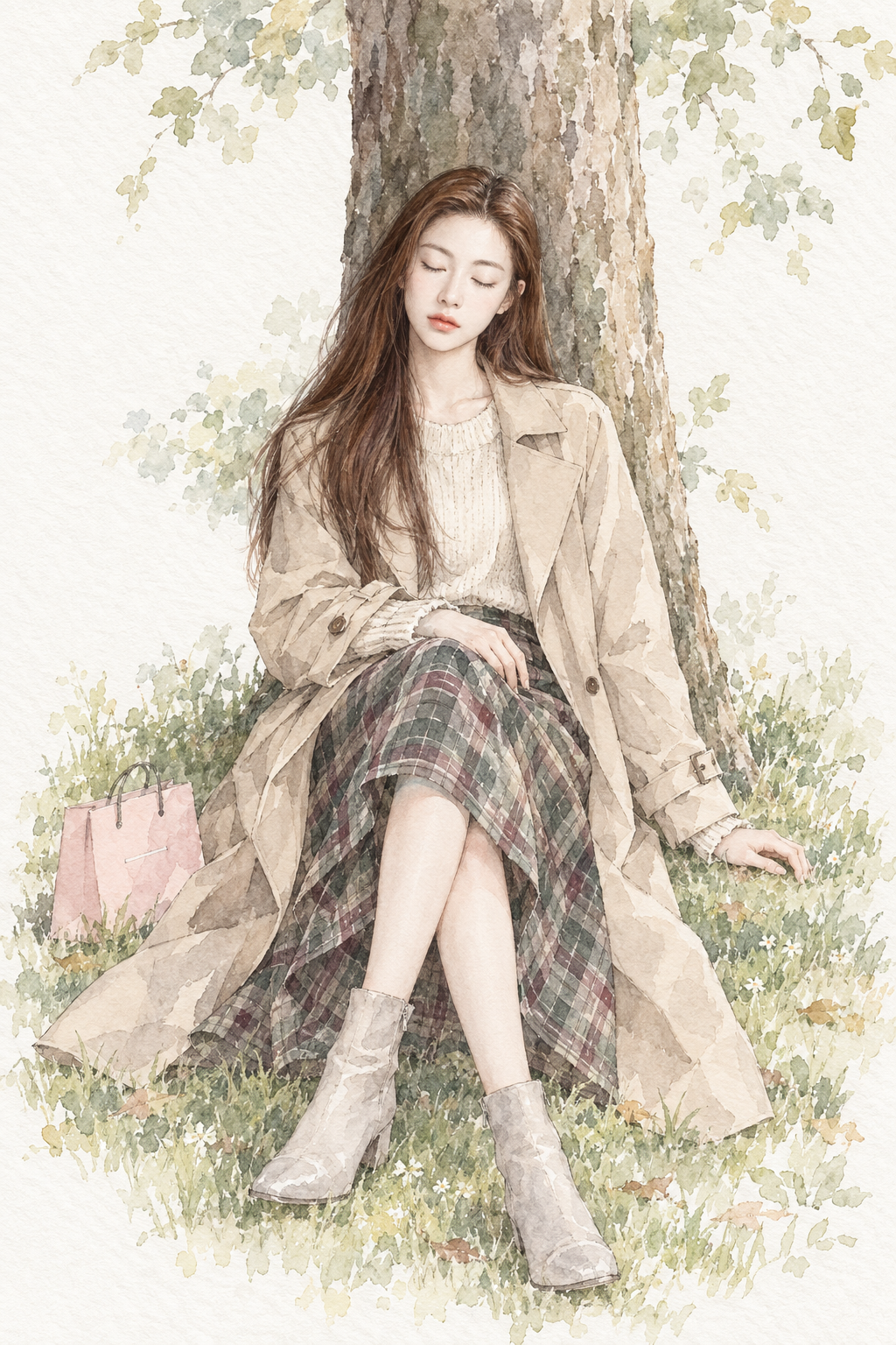 树下静坐的水彩时尚插画 — AI image creation