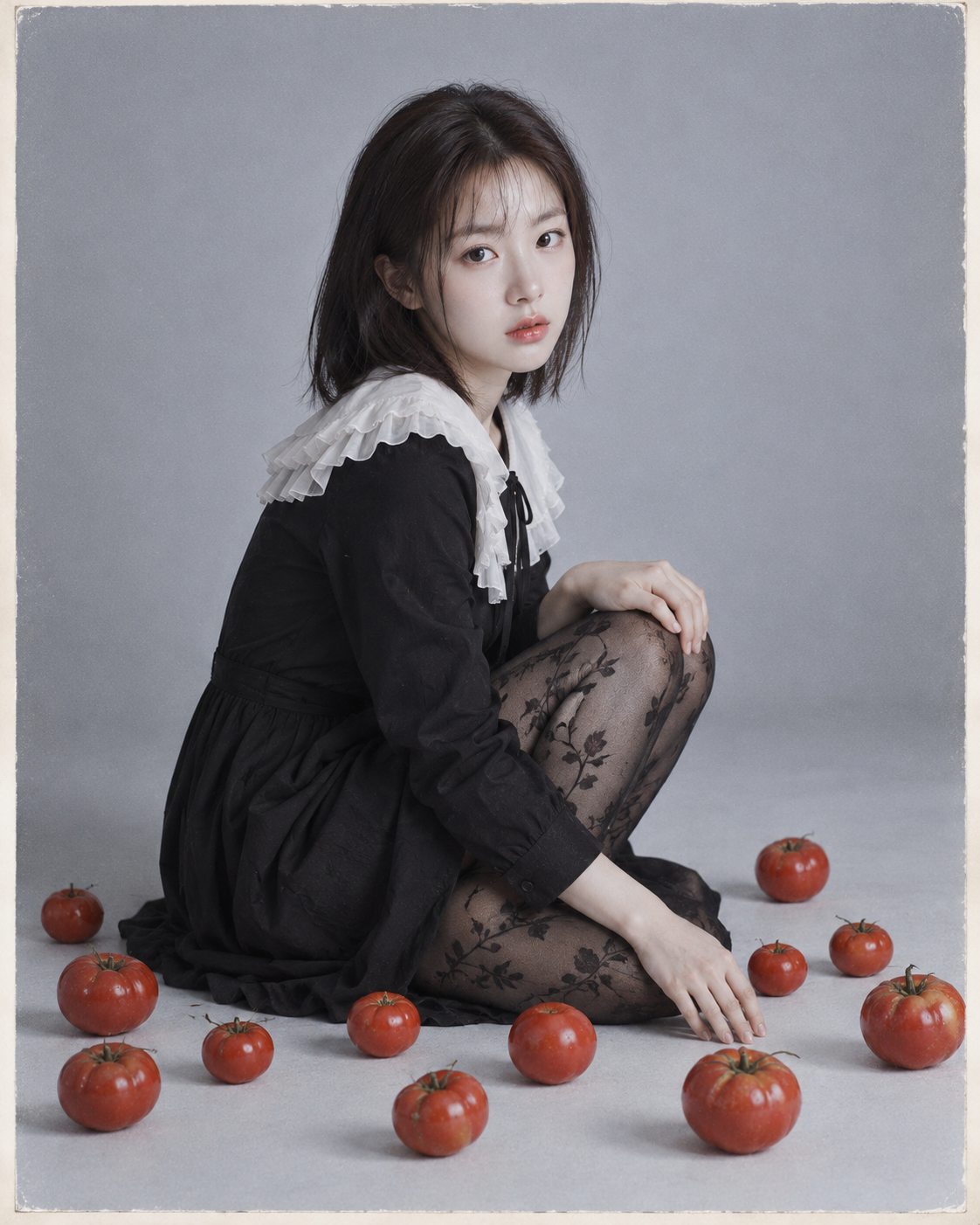 Quiet Alternative Fashion Portrait with Black Dress and Red Tomato