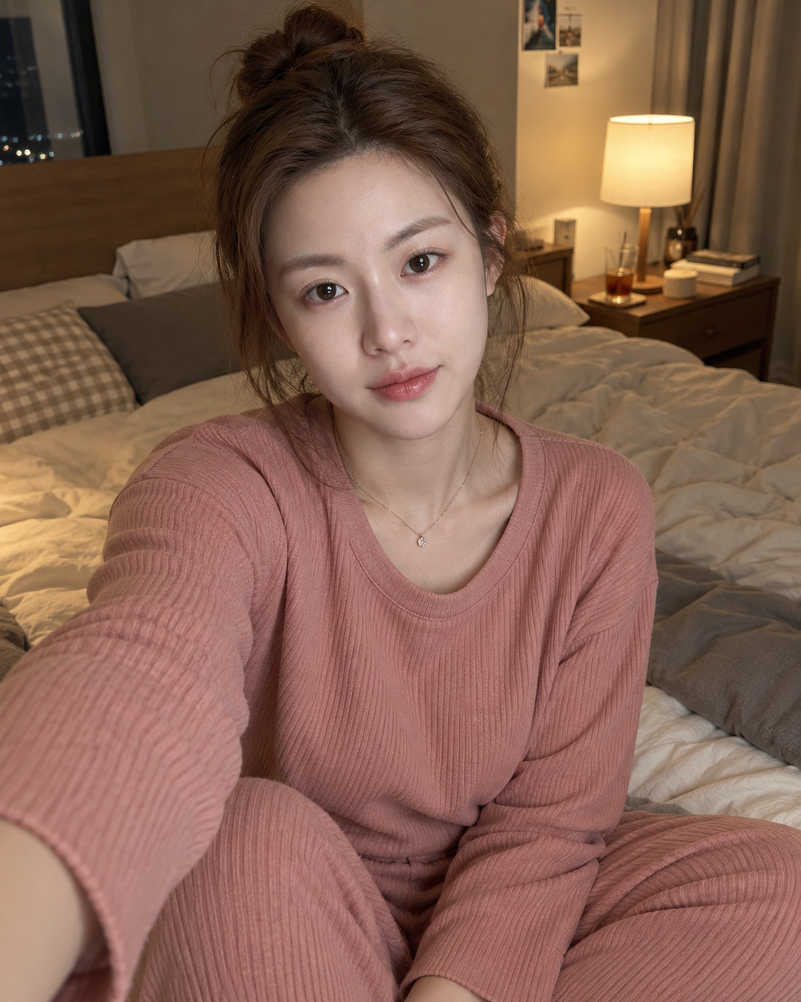 成年女性粉色居家服卧室生活肖像 — AI image creation