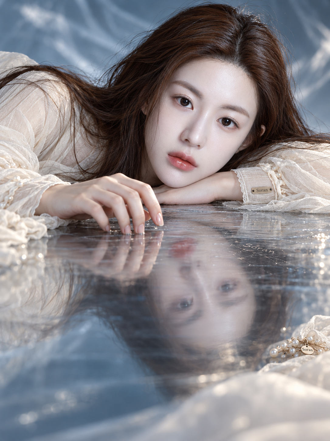 反光平面旁的梦感人像与Soran标记 — AI image creation