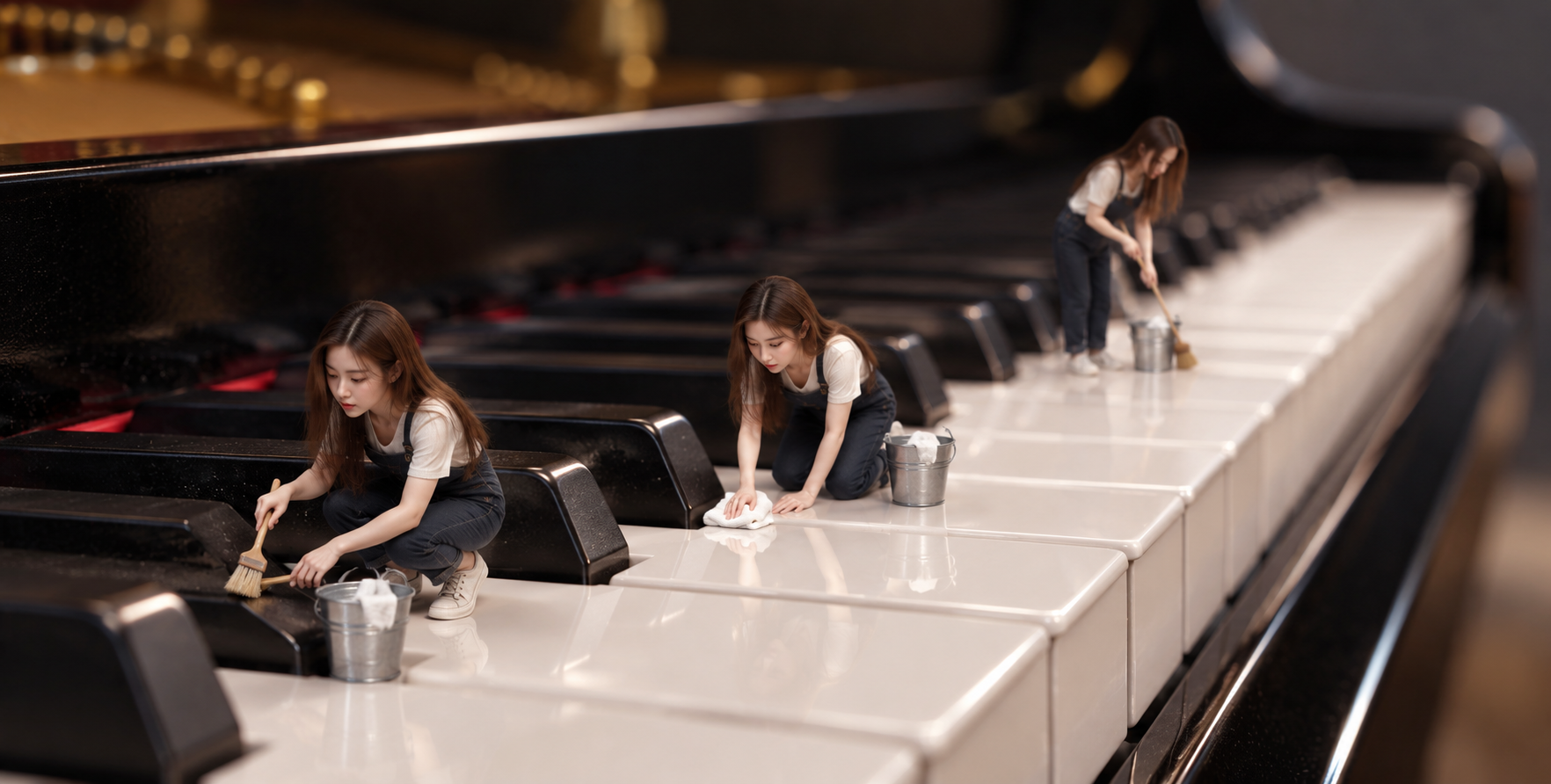 Công nhân tí hon lau phím đàn piano grand