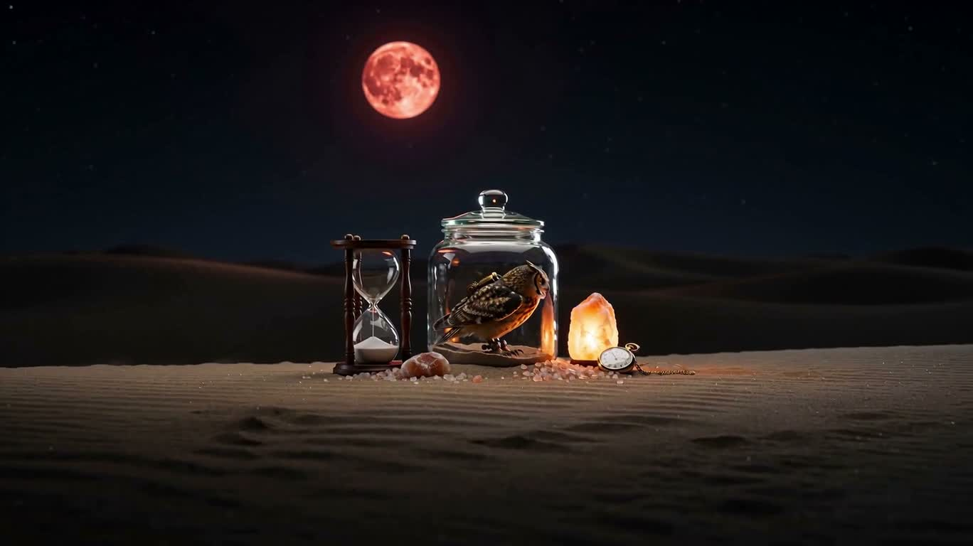 Steampunk Owl in a Glass Jar in the Sand
