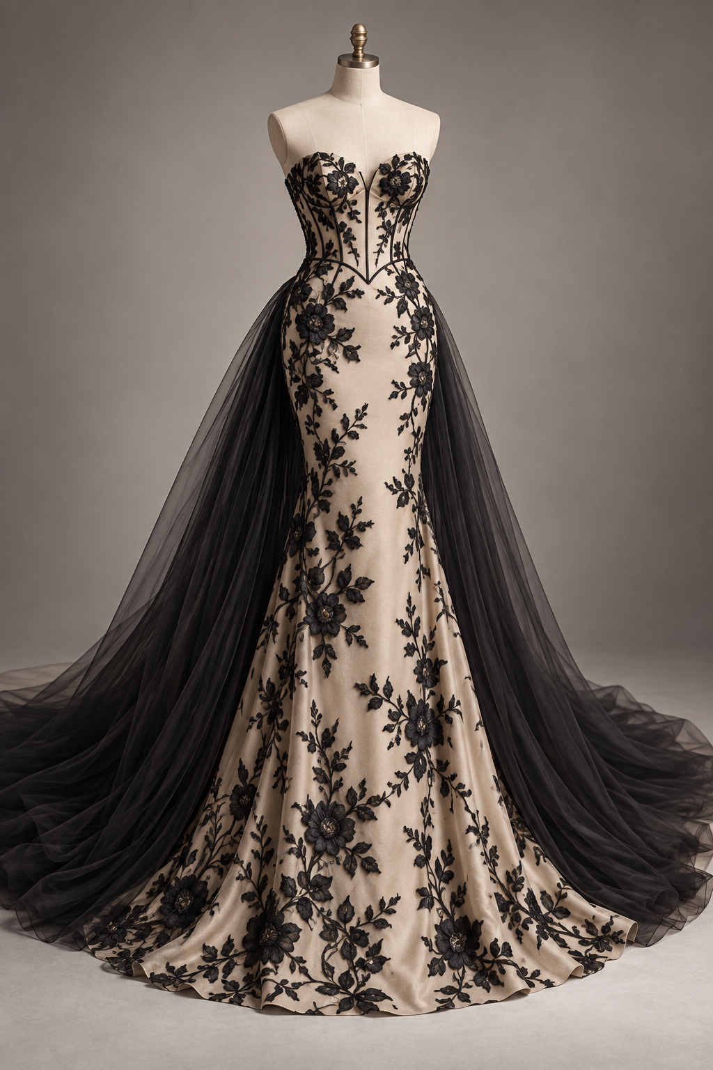 Thiết kế váy haute couture thêu đen với đuôi váy voan