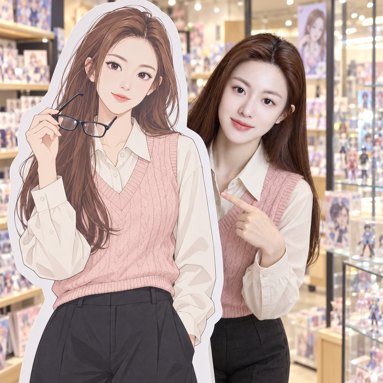 成年女性与原创动漫立牌同框肖像 — AI image creation