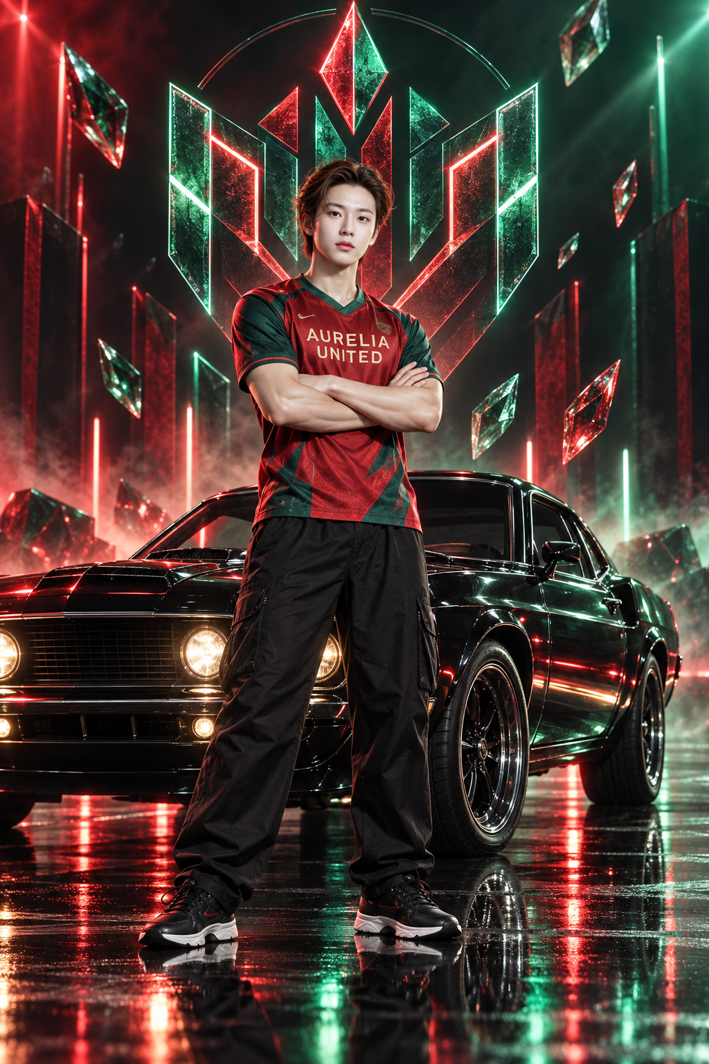 Fictional Football Hero and Classic Muscle Car Poster — AI image creation