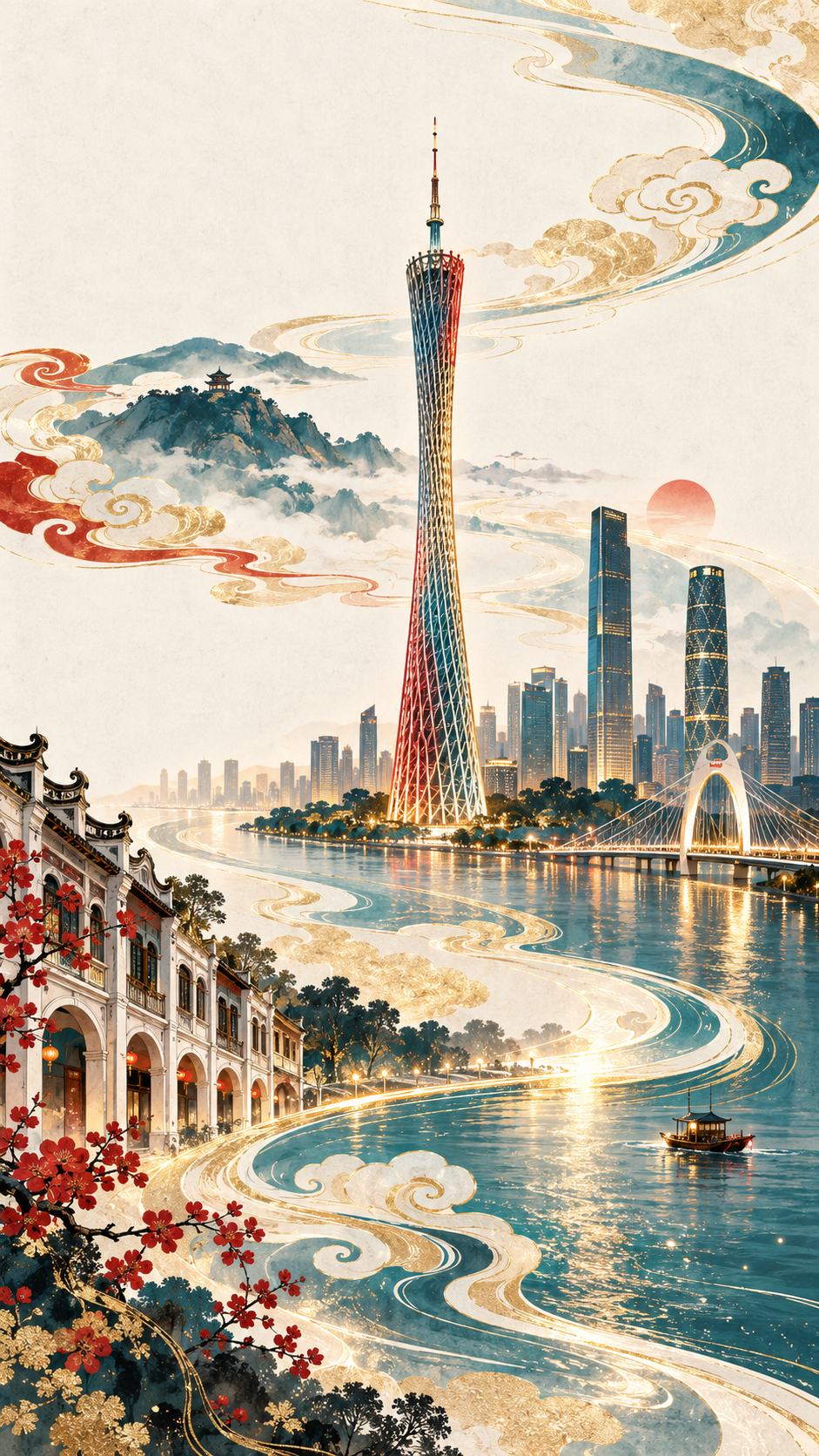 极简国潮鎏金广州塔海报 — AI image creation