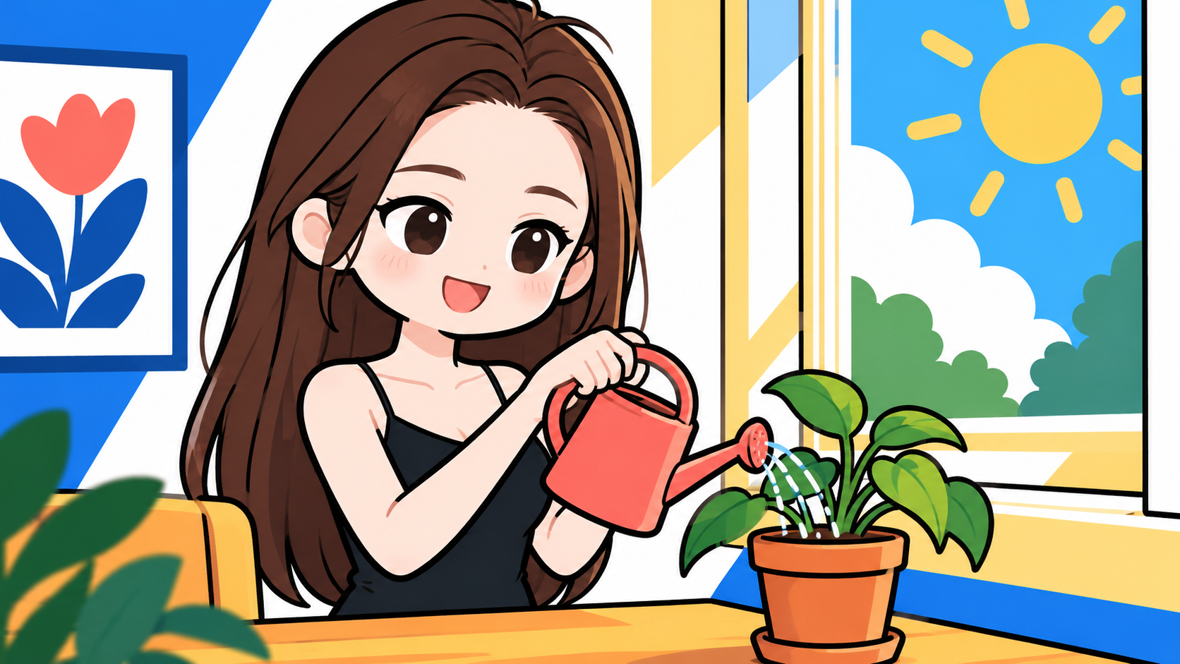 16:9 굵은 검정 외곽선 치비 플랫 일러스트 템플릿