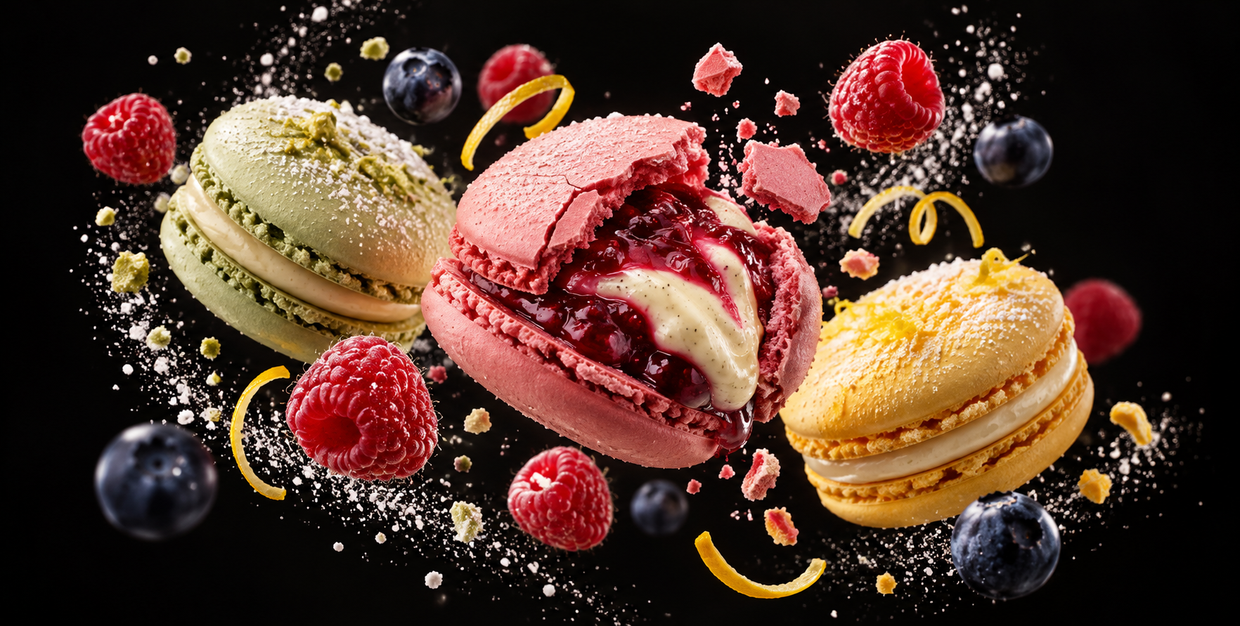 Bánh macaron và quả mọng lơ lửng trên nền đen